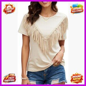 Fringe Trim Short Sleeve T-Shirt Blouse with Tassel Details